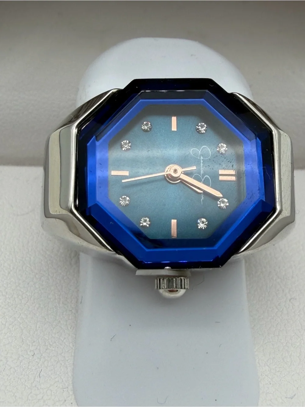 Jessica Simpson Blue Bezel Ring Watch with Silver Band